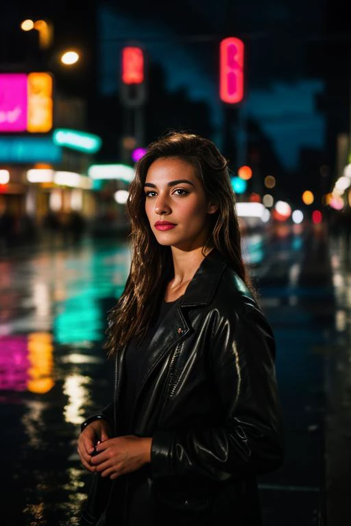 a woman standing in the rain at night on a city street