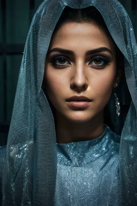 a close up of a woman wearing a veil and a blue dress