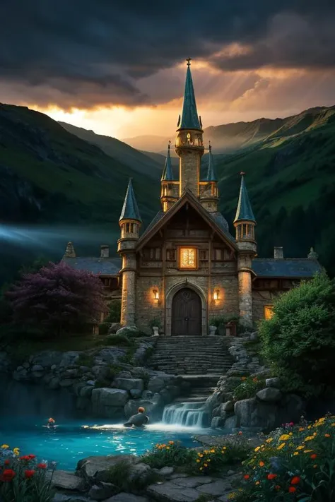 a castle with a waterfall in front of a mountain