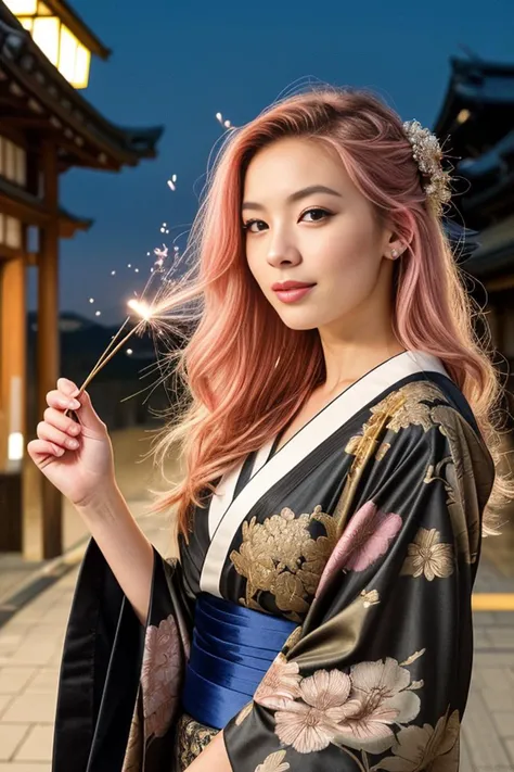 (best quality, masterpiece, colorful, dynamic angle, highest detailed) Realistic photo, fashion photography of a cute European girl with iridiscent pink hair, flirting with POV, in traditional japanese gold&black kimono, ultra detailed kimono textures, per...