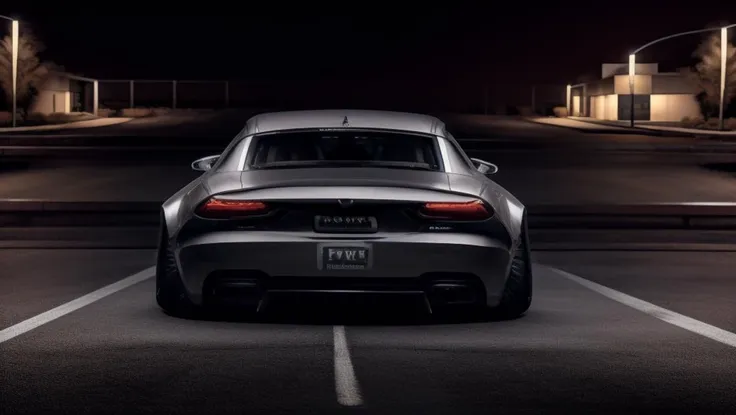 a silver car driving down a street at night with a street light