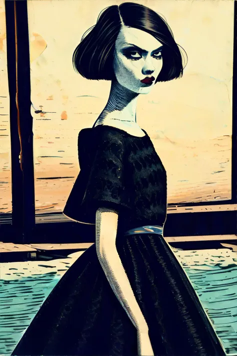 a close up of a woman in a black dress near a window