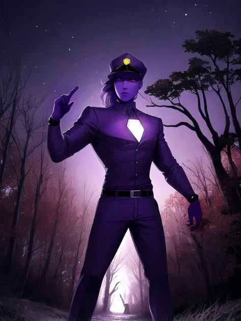 best quality, masterpiece, highres, detailed, digital artwork, <lora:Detail - add_detail:0.2>, purpleguy,  <lora:Character - purpleguy-08:0.8>, purple skin, jojo pose, stand (jojo), night, flashlight, haunted forest,