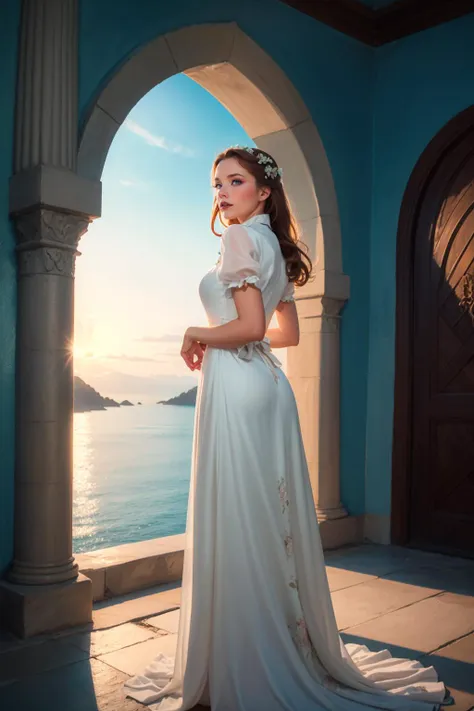 a woman in a white dress standing on a balcony near the ocean