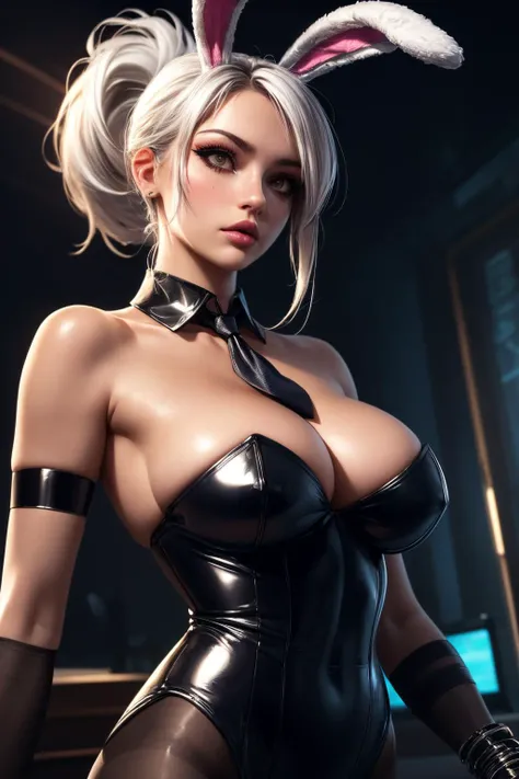 (ultra realistic,32k,RAW photo:1.1),(high detailed skin:1.1), 8k uhd, dslr, high quality, film grain, (makeup, mascara:1.1), lips,(thicklips), 
(shiny glossy translucent clothing:1.1), <lora:Battle_Bunny_Riven_LOL:0.7>battle bunny riven, 1girl, strapless l...