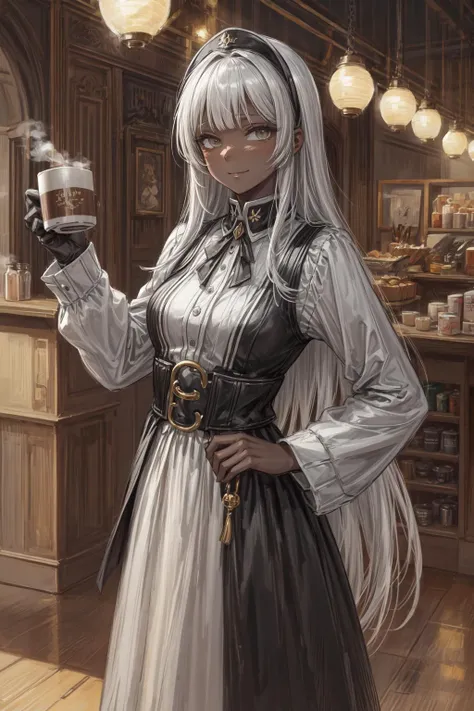 (stripe art:,soft strokes,:.3),(best art, master piece, best quality,good light,illustration,solo:1.3),(dark gray skin, silver gray long hair, droopy eyes, holding a mugs handle  with hot chocolate ,a perfect detail white mug:1.2)steam, train theme, silver...