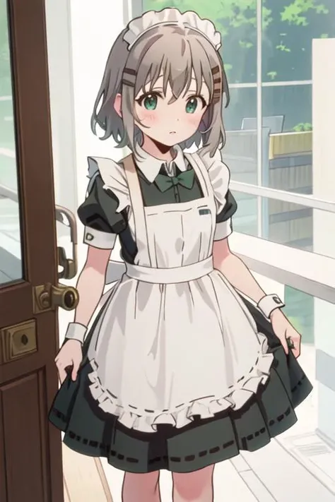 best quality, masterpiece, highres, solo, {maid:1.40}, {long maid dress:1.15}, {yukimura_aoi_encouragementofclimb:1.15}, blush, short_hair, green_eyes, hair_ornament, hairclip, grey_hair, brown_hair