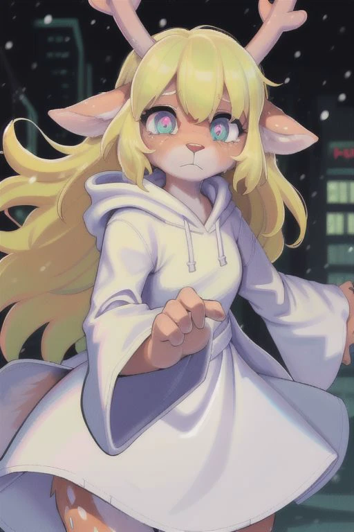 (<lora:noelle trigger:1>noelle, furry female anthro, blonde hair, deer girl, red deer nose, white eyes, white pupils, white robe, hooded robe), sad, outstretched arms, green neon city, snowing arms up, crying