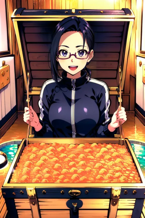 (masterpiece, best quality),  intricate details,
1girl,    <lora:sakie-nvwls-v1:0.8> satou sakie, glasses, track jacket, large breasts
 <lora:mimic_v2:0.8> Nd mimic, noodles, box, indoors, looking at viewer, treasure chest, open mouth, smile
bathroom, wate...