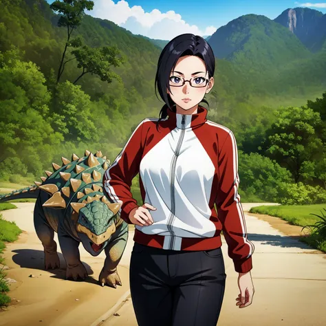 anime girl with glasses and a red jacket walking with a dinosaur