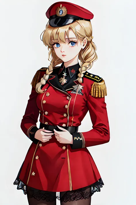 Heidi Velochek (female, teen, long braided blonde hair, blue eyes, Russian, small bust) formal military dress, (MasterPiece) (Highly Detailed) (4k)