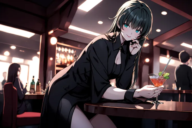 (RAW photo, best quality), 1girl,  natural lighting, solo, 
 <lora:loveletter_sae_v1_2-000006:1>, loveletter_sae, night club, cocktail, indoor, happy, sexy black evening dress, sitting at the table,