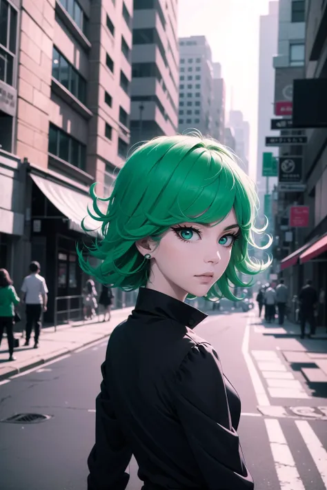 absurdres, highres, ultra detailed, <lora:TatsumakiiiV2.2:0.6>, tatsumaki, curly hair, green hair, black dress, long sleeves, upper body, loooking at viewer, city