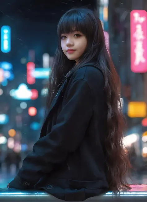 a woman with long hair standing on a railing in a city