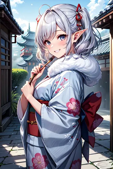 (best quality:1.2) (4k:1.) (highres:1.1) , (ultra detailed CG:1.1) ,
1girl elf , solo , (detailed face:1) , (silver twintail:1) , (small breasts:1) ,  <lora:colorkimono:1> (color kimono:1.2) , (wide sleeves:1), (long sleeves:1), (obi:1) , (sash:1) , (gorge...