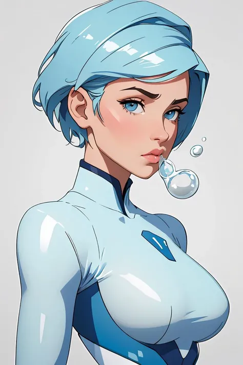 (masterpiece, best quality), 1girl, Powder blue Short Brushed Up Hair with Tapered Sides, Size G breasts,   <lora:nose-bubble-v2-wasabiya_1:1> nose bubble