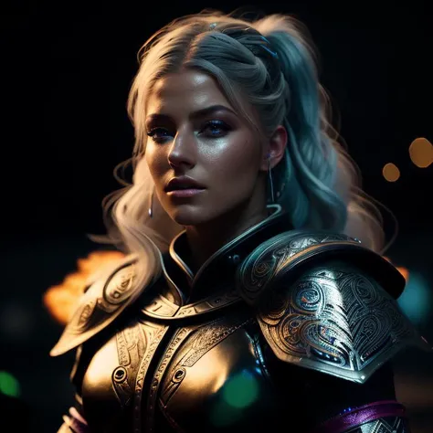 portrait,close up, alexabliss, a viking warrior, wearing a full body armor, black armor, black boots, (fighting, battle pose,) ,on a battlefield, surrounded by flames, (masterpiece, best quality, ultra-detailed, best shadow), (detailed background, dark fan...