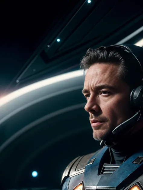 ((best quality)), ((masterpiece)), ((inked)), majestic intricately detailed soft   by jim lee, 1man, a handsome starship captain, (Henry Cavill:0.7)|Hugh Jackman|Russell Crowe, well fitting futuristic space commander uniform, stubble, on the bridge of an a...