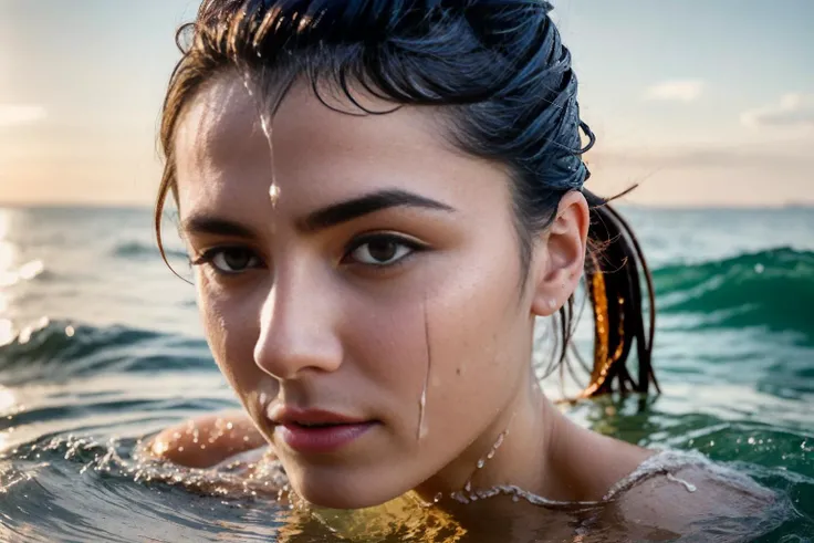 ((best quality)), ((masterpiece)), ,, white skin,symmetrical,High detail RAW color photo professional close photograph, (highly detail face: 1.2), twintails, half body, pore, real human skin, a portrait of a 18yo woman bathing in ocean,body contact water ...