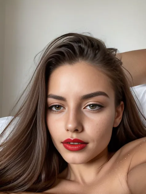 a photo of a sexy woman with long messy ginger hair, frowning, laying on her bed, spreading her legs, perfect pussy, tiny boobs, red lipstick, jewelry instagram, (textured skin, skin pores:1.1), (moles:0.8), imperfect skin, goosebumps, flawless face, (ligh...