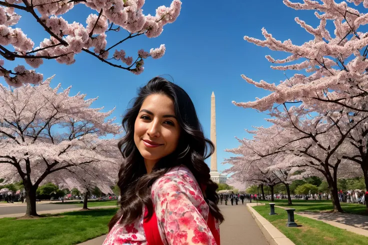 ((best quality)), ((masterpiece)), ((inked)),Award-winning photography: Portrait of a beautiful woman, framed by the vibrant colors of the cherry blossom trees in Washington, D.C., during the annual Cherry Blossom Festival. (Ultra-high-res, beautiful) <lor...