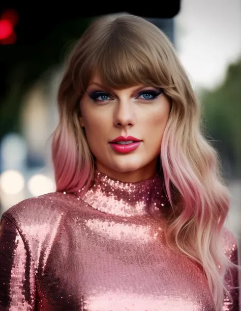 taylor1,1girl, (realistic),(hyperrealism),(best quality),(masterpiece),(ultra high res),(photorealistic),idol,eye makeup,detailed eyes,detailed face,pink sequin leotard, posing for a photo,at the streets <lora:taylorX:1>