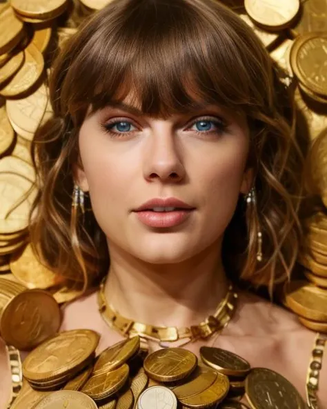 a close up of a woman with a lot of coins on her chest