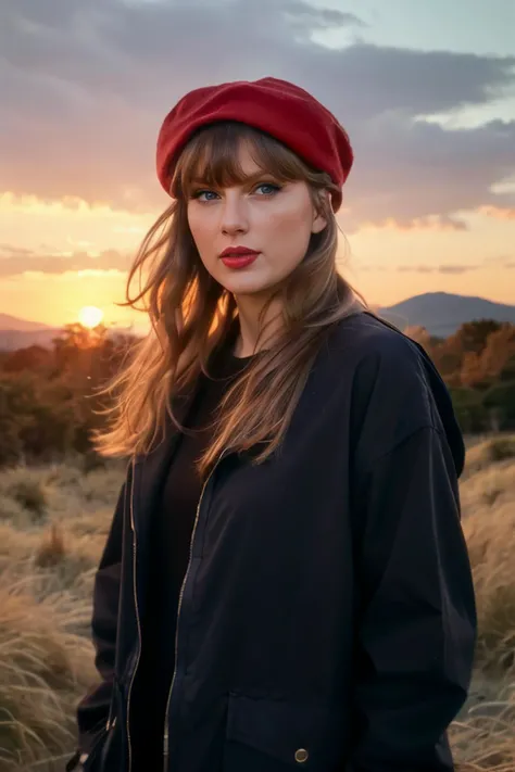 a close up of a woman wearing a red beret standing in a field