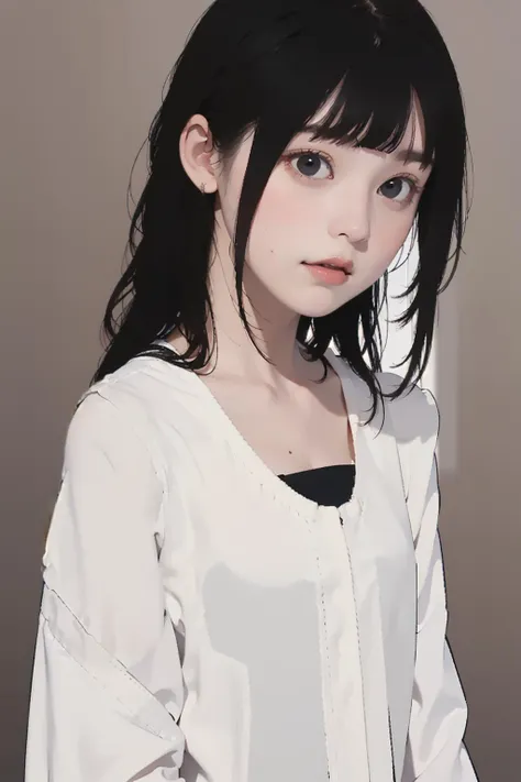 a close up of a person with a white shirt and black hair