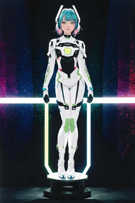 a woman in a futuristic suit stands in front of a neon light