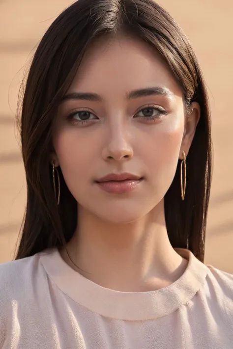 a woman with long hair and earrings standing in front of a wall