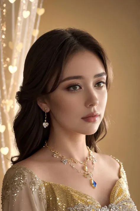 a woman in a gold dress with a necklace and earrings