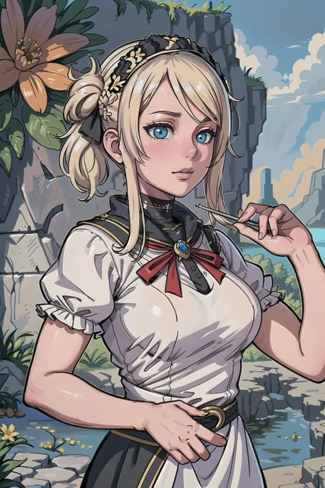 multiple girls, (masterpiece, best_quality, ultra-detailed, immaculate:1.3), epic, illustration, welcoming, 1girl, warlock, blonde hair, hair ribbon, in a  cove, on top of a flowery, Icelandic hill, bombshell hair, light platinum hair, Milkmaid Braid,side ...