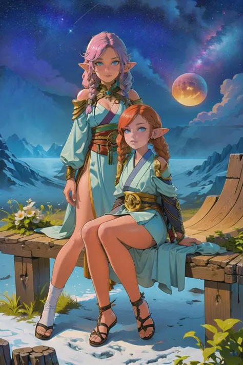 2girls, couple, cuddling, (masterpiece, best_quality, ultra-detailed, immaculate:1.3), epic, illustration, welcoming, 1girl, lady, elf, bright ginger hair, Deep Side Part,twin braids, (full body:1.3), [:sexy costume design:0.2], japanese, in a  nebula ("at...