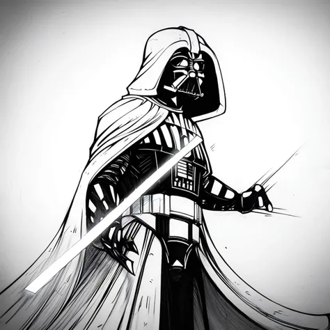 darth vader, cloak with hood,  concept art, menacing, electricity, moody, lightsaber, evang