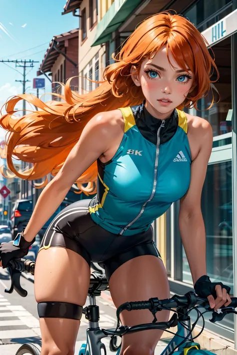 1girl, (masterpice:1.3), highres, high-detailed, high quality, (solo), (4k), (perfect face and eyes), dynamic light, intricate_details, street, bike shorts, bicycle, nature, long hair, wind, orange hair, sexy, sensual, sculpted body, dynamic pose, fingerle...