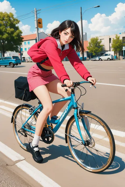 woman in red dress riding a blue bicycle on a city street