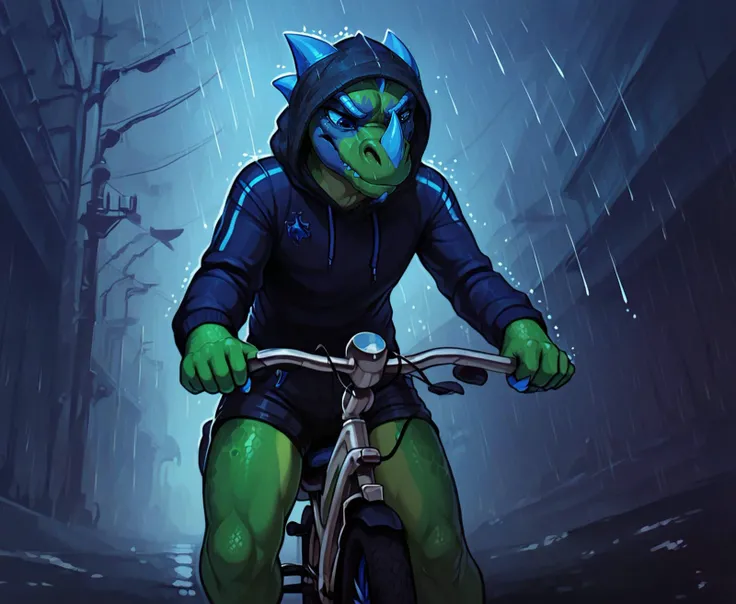 <lora:kabsraptorxl:0.85>,  <lora:Girls_on_Bikes_XL:0.9>, (hood up, cowl:1.1), detailed scales, cowboy shot, low angle, from below, (extreme closeup, foreshortening:1.4), anthro, raptor, vergence (kabscorner), hoodie, shorts, riding bicycle, green body, blu...