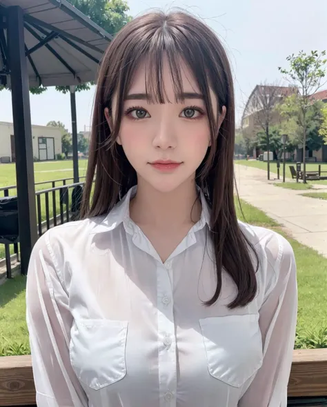 best quality, photorealistic, 8k, high res, full color, 1girl, woman, 20 years old woman, (closed mouth:1.73), (skindentation), (portrait:0.6), trees, park bench, daylight, ((park background:1.52)), full color, ((whitebuttonedshirt:1.58)), looking at viewe...