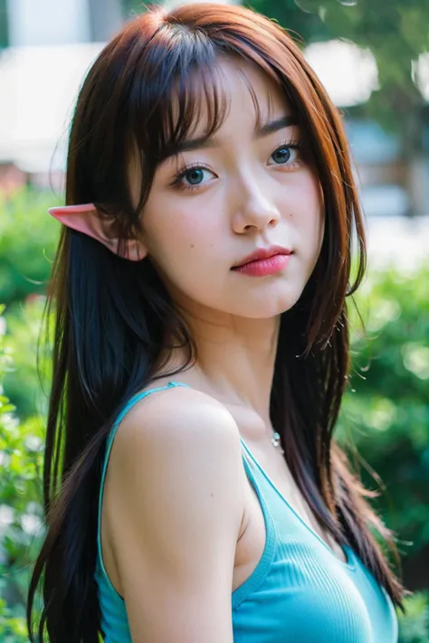 a close up of a woman with a blue top and a green shirt