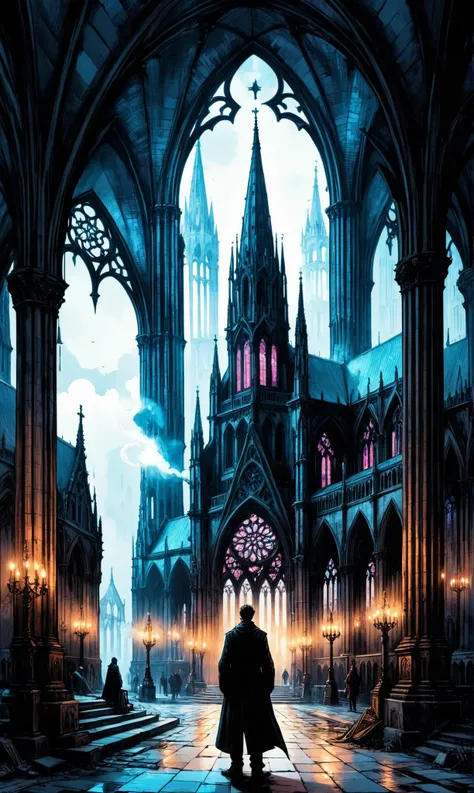 a Underground netrunner infiltrating virtual networks at a Gothic cathedral with towering spires, ultra-fine digital painting, <lora:xl_more_art-full_v1:0.3>,   <lora:InkArtXL_1.2:0.7> ink art, line art, <lora:Dreamyvibes artstyle SDXL - Trigger with dream...