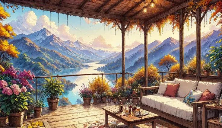 a painting of a patio with a couch and a table