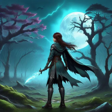 best quality, highres, masterpiece,ancient,fog, lightning, runes, moss, bare trees, dark moon, (dynamic pose), completionist cape (runescape), 
1girl, solo, (((runes skin))),futurism, postapocalyptic, 
 <lora:SDXL InkArtXL_1.1 è§¦å ink art:1>ink art,