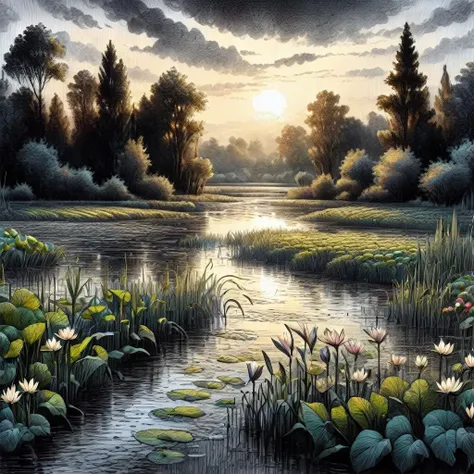 fantasy, Floodplain, ink drawing, Masterpiece realistic, best high quality, perfect details, intricate details, nice lighting, detailed background,<lora:InkedArtXL:1.0>