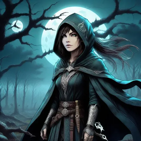 a woman in a hoodedie standing in front of a full moon