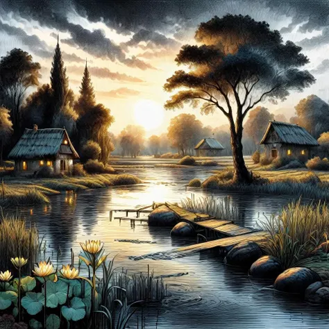 fantasy, Floodplain, ink drawing, Masterpiece realistic, best high quality, perfect details, intricate details, nice lighting, detailed background,<lora:InkedArtXL:1.0>