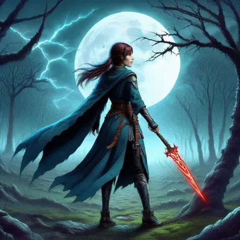 a woman with a sword standing in front of a full moon