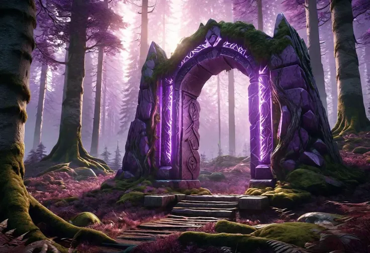 Hyperrealistic art fantasy northern forest landscape, a GlowingRunesAI_purple covered (marble (stone)) portal in the forest, a detailed matte painting by Mike Winkelmann, cgsociety, fantasy art, forest portal, , cgsociety 9 . Extremely high-resolution deta...