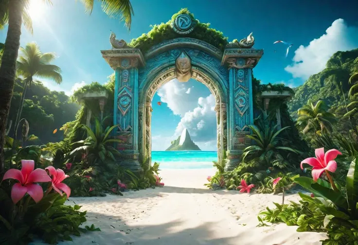 Hyperrealistic art fantasy lush tropical beach landscape, a glowing Runes covered (white stone) magical portal, a detailed matte painting by Mike Winkelmann, cgsociety, fantasy art, magical stone portal, colorful flowers,  blue sky, Extremely high-resoluti...