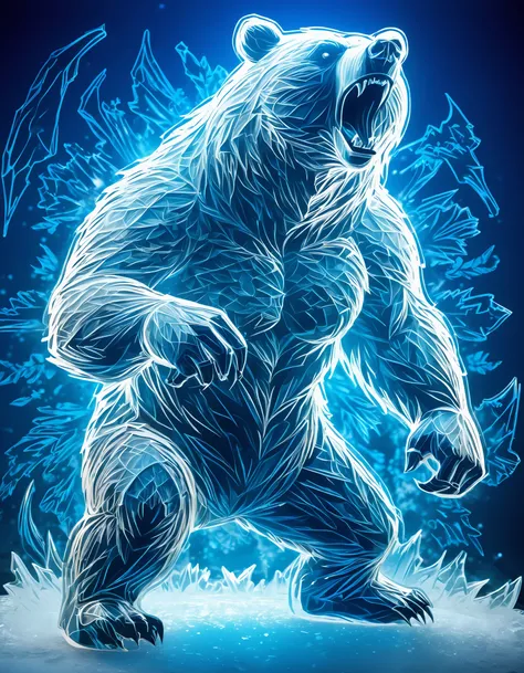 Fighting game style light graceful outline of a bear drawn with frosty patterns on glass . Dynamic, vibrant, action-packed, detailed character design, reminiscent of fighting video games